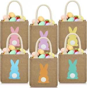 6 Pcs Easter Burlap Basket Bags Easter Jute Bunny Gifts Bag with Handle for Candy Egg Hunting, 7.9 x 7.9 x 4.3 Inch