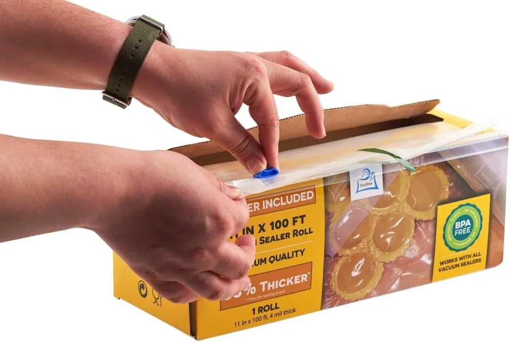 6" x 100' Mega Roll & Cutter Box Vacuum Sealer Bags Roll (No More Scissors) 4 mil 100 Foot OutOfAir, 33% Thicker, BPA Free, Sous Vide, Commercial Grade, Works with FoodSaver Sealers