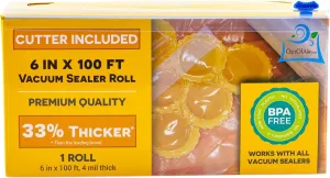 6" x 100' Mega Roll & Cutter Box Vacuum Sealer Bags Roll (No More Scissors) 4 mil 100 Foot OutOfAir, 33% Thicker, BPA Free, Sous Vide, Commercial Grade, Works with FoodSaver Sealers