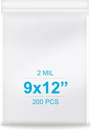 9''x 12'', (Pack of 200) 2 mil Thick Clear Plastic Reclosable Zip Poly Bags with Resealable Lock Seal Zipper for Photo, Jewelry, Bakery, Treats, Travel, Storage, Packaging & Shipping