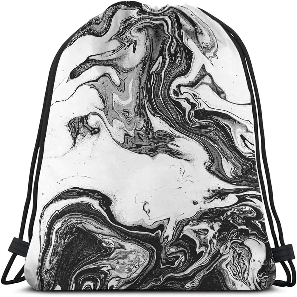 Abstract Marble Art Drawstring Bags Backpack Bag Black And White Ink Painting Liquid Acrylic Design Artistic Sport Gym Sack Drawstring Bag String Bag Yoga Bag for Men Women