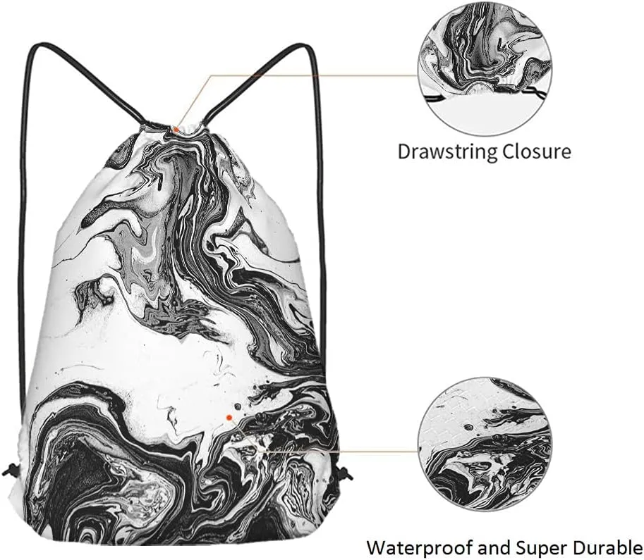 Abstract Marble Art Drawstring Bags Backpack Bag Black And White Ink Painting Liquid Acrylic Design Artistic Sport Gym Sack Drawstring Bag String Bag Yoga Bag for Men Women