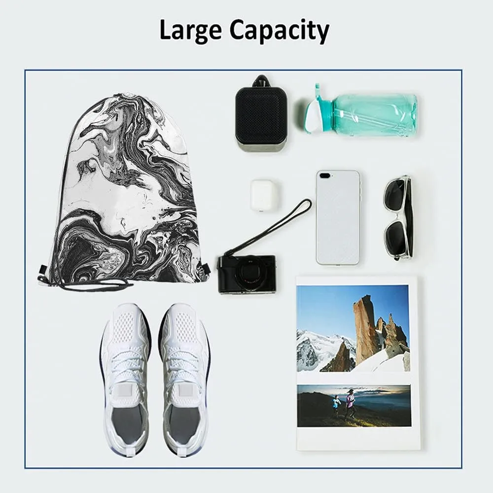 Abstract Marble Art Drawstring Bags Backpack Bag Black And White Ink Painting Liquid Acrylic Design Artistic Sport Gym Sack Drawstring Bag String Bag Yoga Bag for Men Women