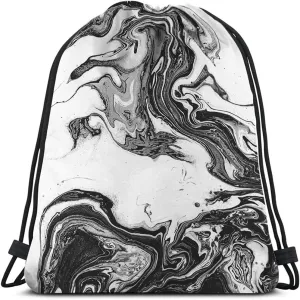 Abstract Marble Art Drawstring Bags Backpack Bag Black And White Ink Painting Liquid Acrylic Design Artistic Sport Gym Sack Drawstring Bag String Bag Yoga Bag for Men Women