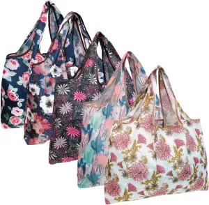 allydrew Large Foldable Tote Nylon Reusable Grocery Bags, 5 Pack