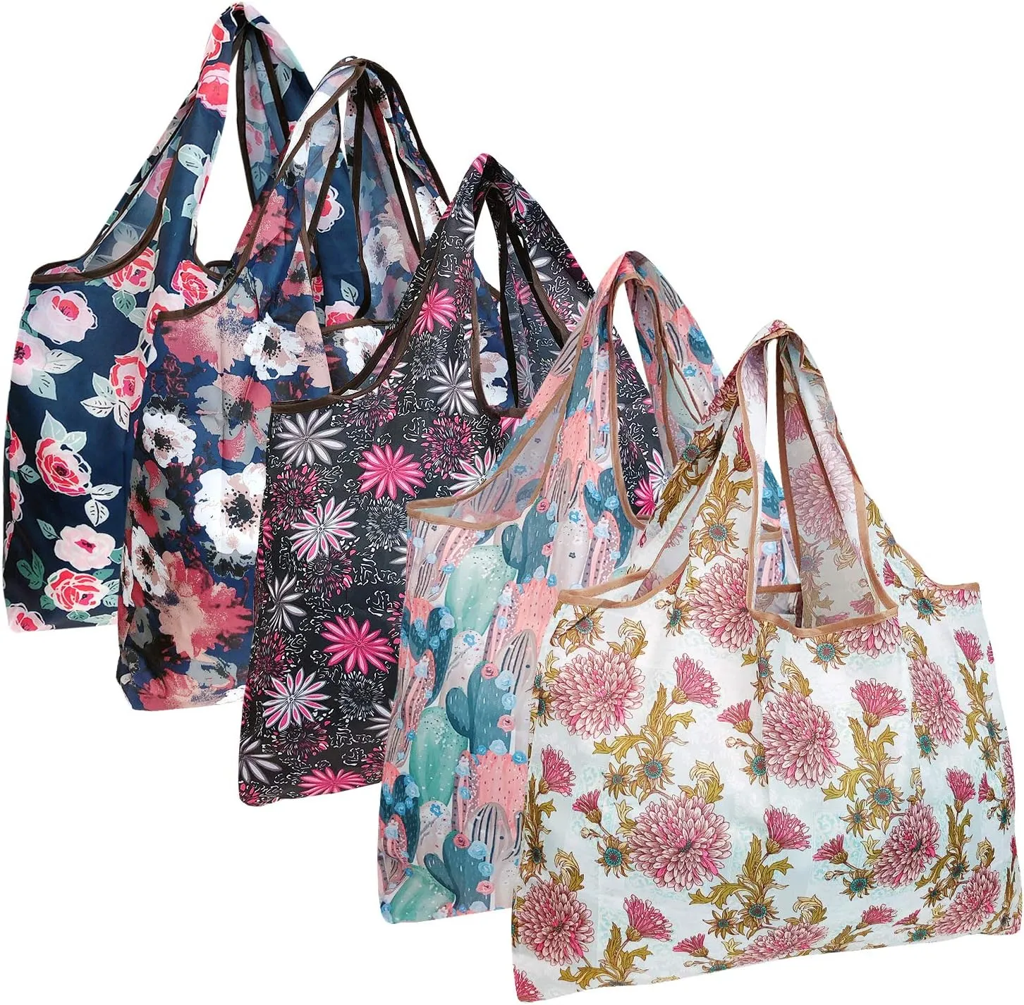 allydrew Large Foldable Tote Nylon Reusable Grocery Bags, 5 Pack