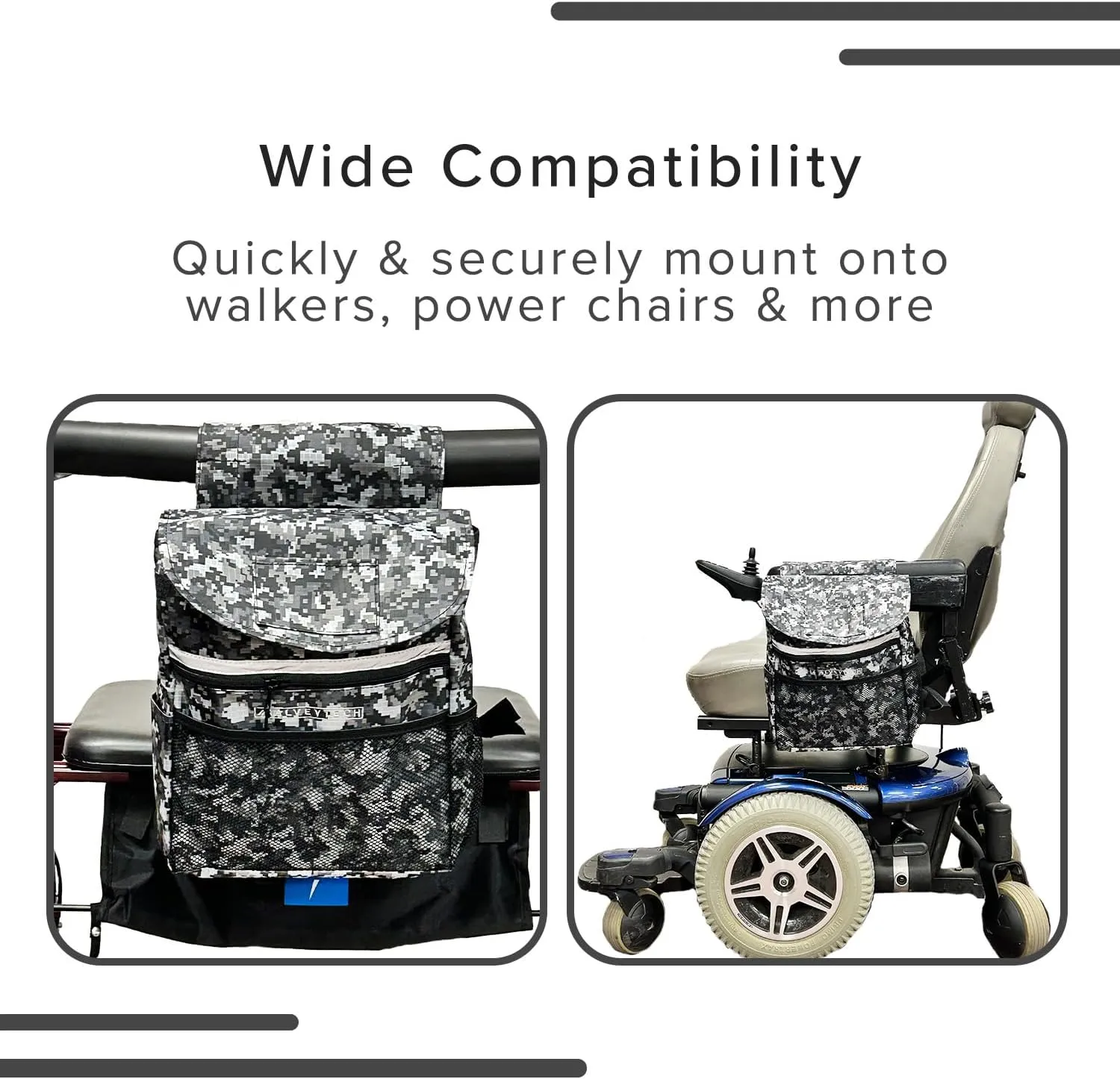 AlveyTech Saddle Bag for Mobility Scooter, Wheelchair, & Electric Power Chair (Large, Digital Gray Camo) - Accessories Holder Armrest Side Pouch Storage Organizer Bags for Adults, Water-Resistant