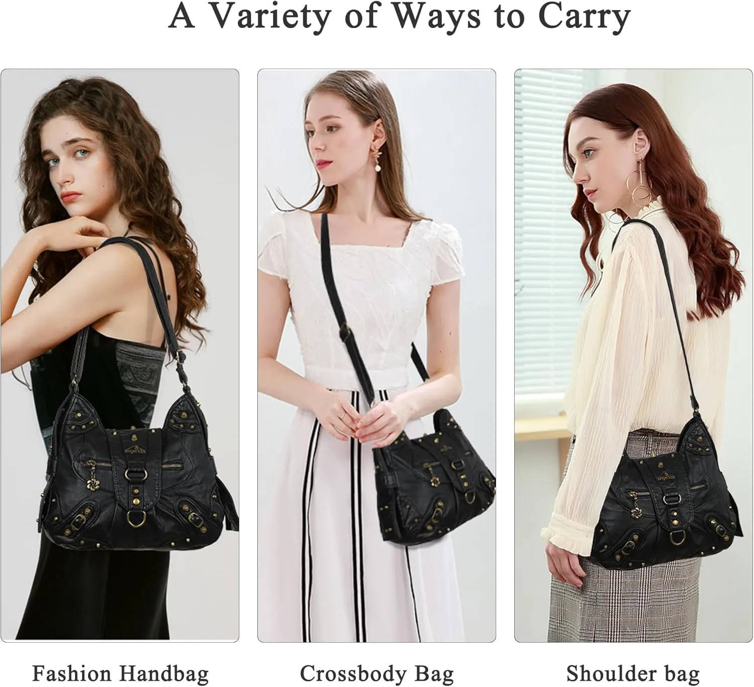 Angel Kiss Hobo Bag for Women Studded Vegan Leather Shoulder Purses and Handbags Retro Roomy Daily Crossbody Bags Medium Size