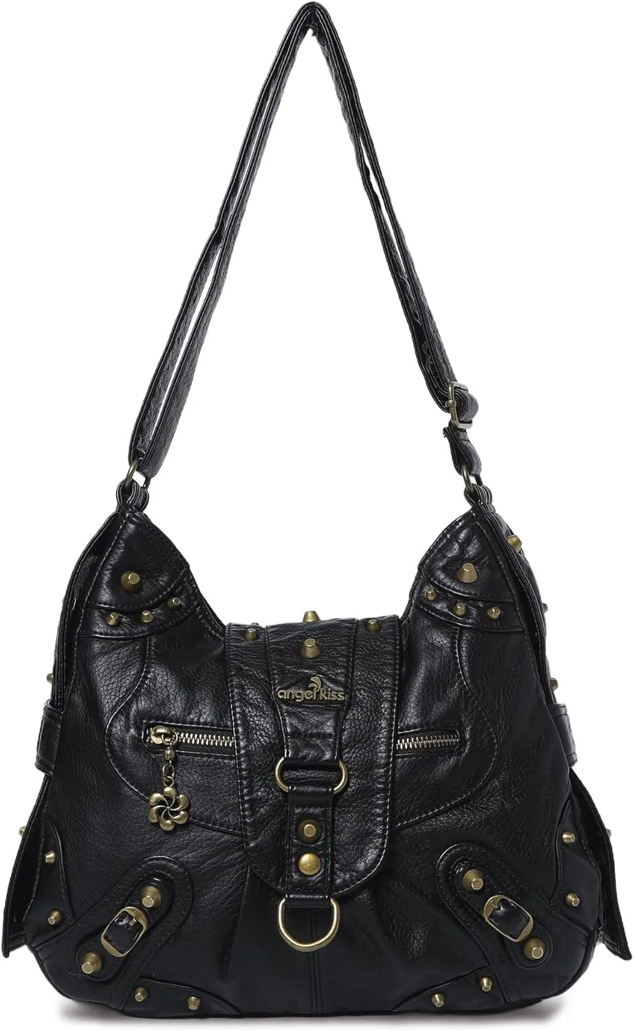 Angel Kiss Hobo Bag for Women Studded Vegan Leather Shoulder Purses and Handbags Retro Roomy Daily Crossbody Bags Medium Size