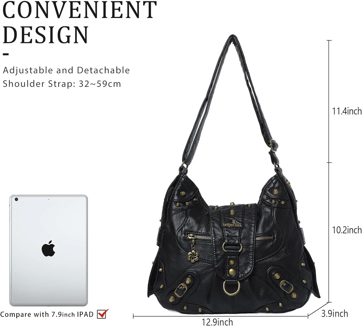 Angel Kiss Hobo Bag for Women Studded Vegan Leather Shoulder Purses and Handbags Retro Roomy Daily Crossbody Bags Medium Size