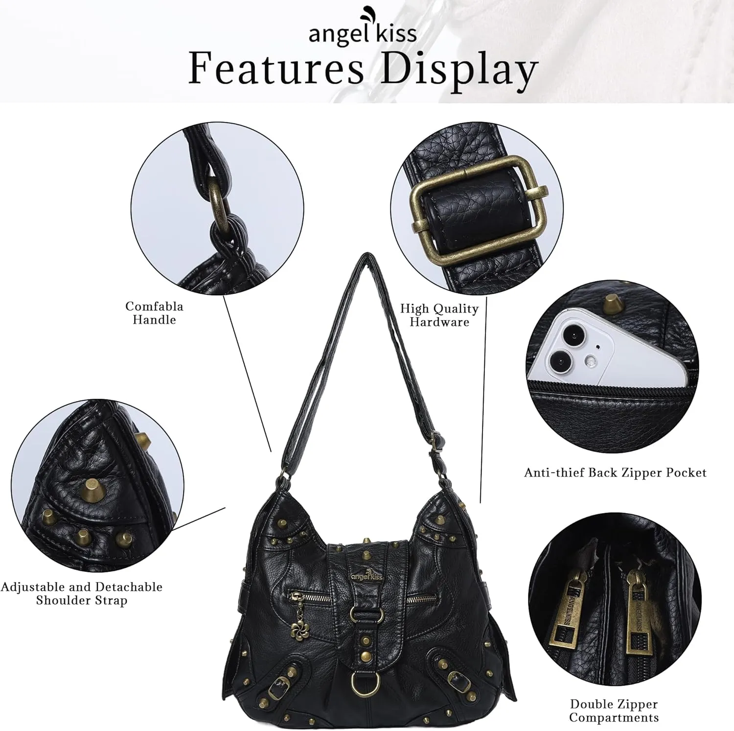 Angel Kiss Hobo Bag for Women Studded Vegan Leather Shoulder Purses and Handbags Retro Roomy Daily Crossbody Bags Medium Size