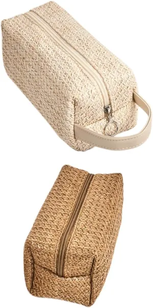 Angoily Travel Cosmetics Bag 2pcs Pp Straw Zipper Pouch Lightweight and Safe Large Capacity Toiletry Storage for Women, As Shown, 28x9cm