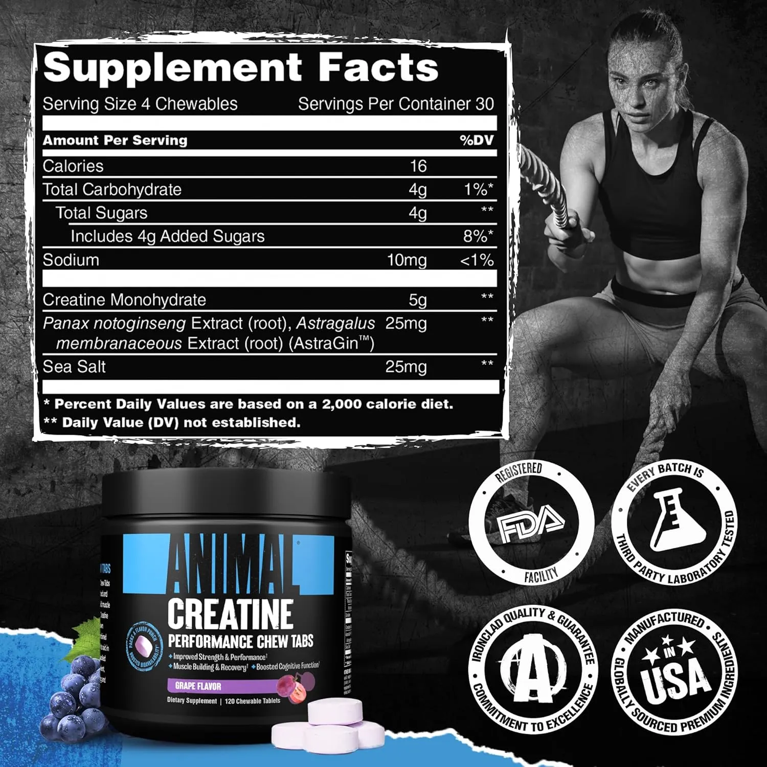 Animal Creatine Chews Tablets - Enhanced Creatine Monohydrate with AstraGin to Improve Absorption, Sea Salt for Added Pumps, Delicious and Convenient Chewable Tablets - Grape