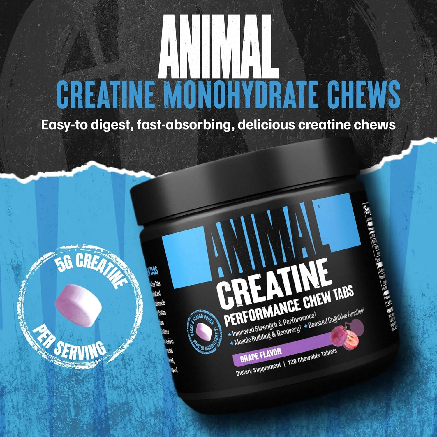 Animal Creatine Chews Tablets - Enhanced Creatine Monohydrate with AstraGin to Improve Absorption, Sea Salt for Added Pumps, Delicious and Convenient Chewable Tablets - Grape