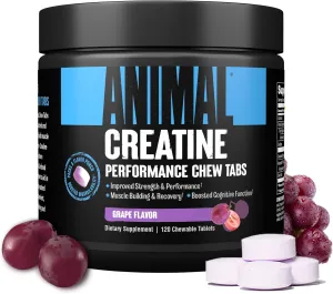 Animal Creatine Chews Tablets - Enhanced Creatine Monohydrate with AstraGin to Improve Absorption, Sea Salt for Added Pumps, Delicious and Convenient Chewable Tablets - Grape