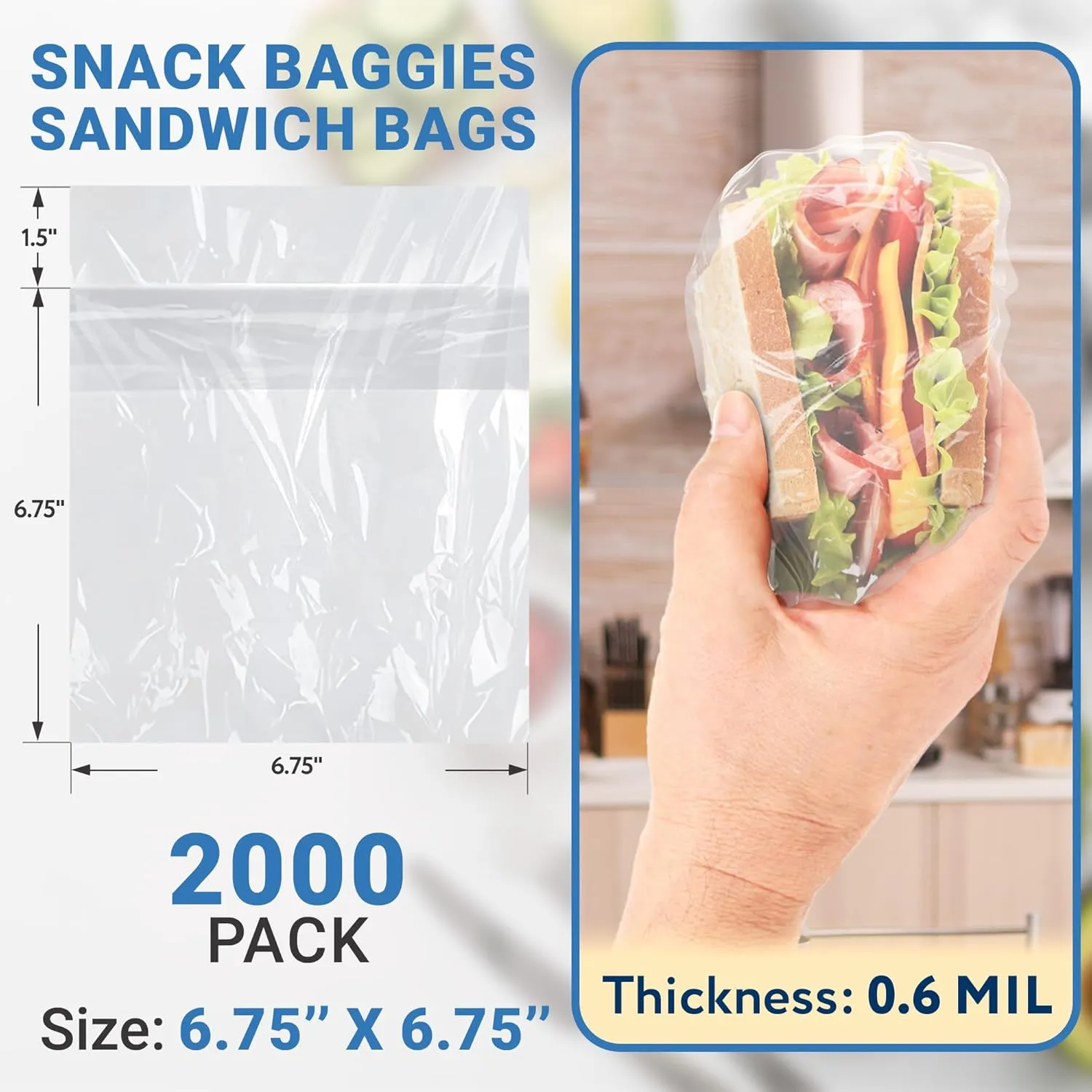 APQ Fold Top Sandwich Bags, 6.75 x 6.75 Inch. Pack of 2000 Clear Snack Baggies Sandwich Bags Fold Top. 0.6 mil Polyethylene Sandwich Baggies Bulk.