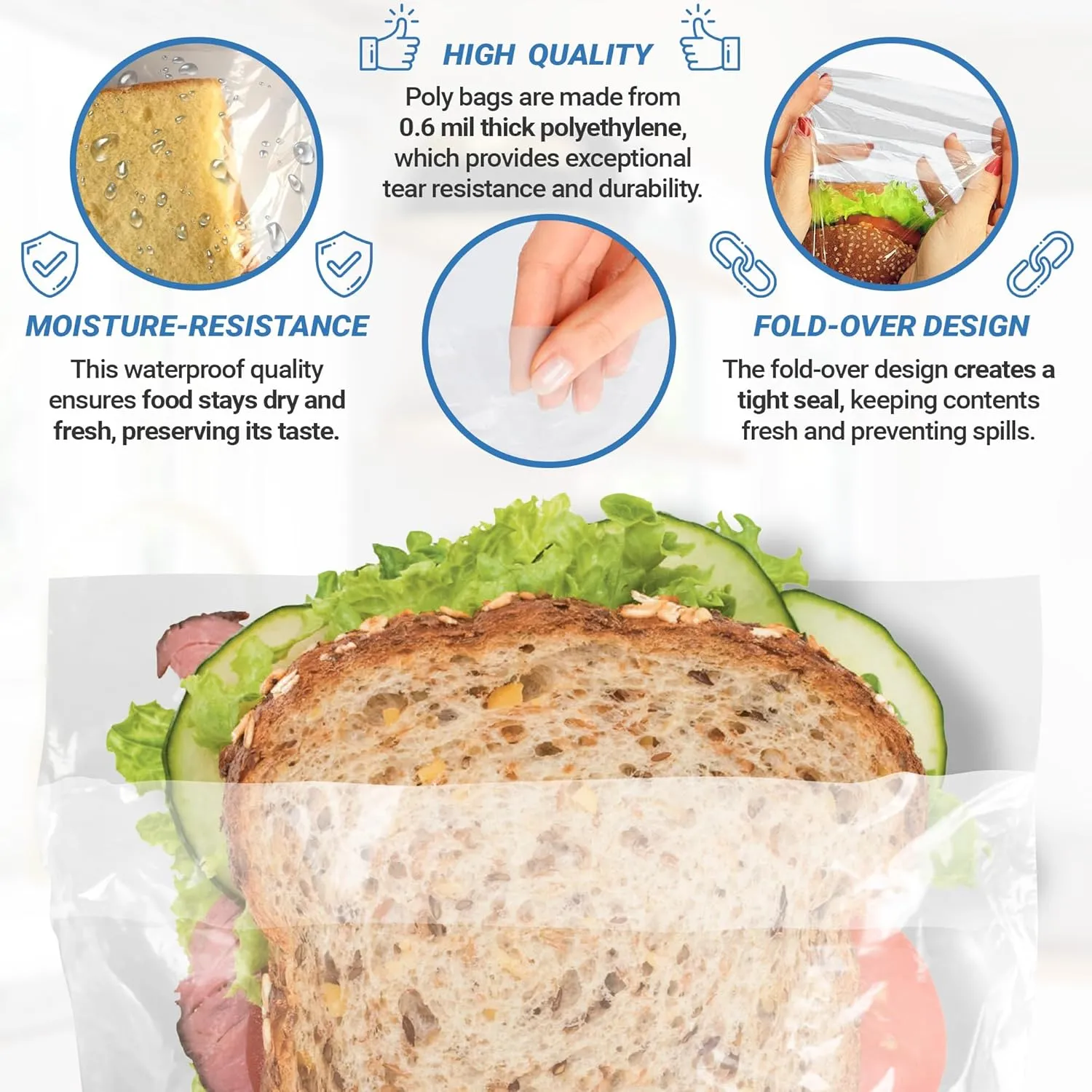 APQ Fold Top Sandwich Bags, 6.75 x 6.75 Inch. Pack of 2000 Clear Snack Baggies Sandwich Bags Fold Top. 0.6 mil Polyethylene Sandwich Baggies Bulk.