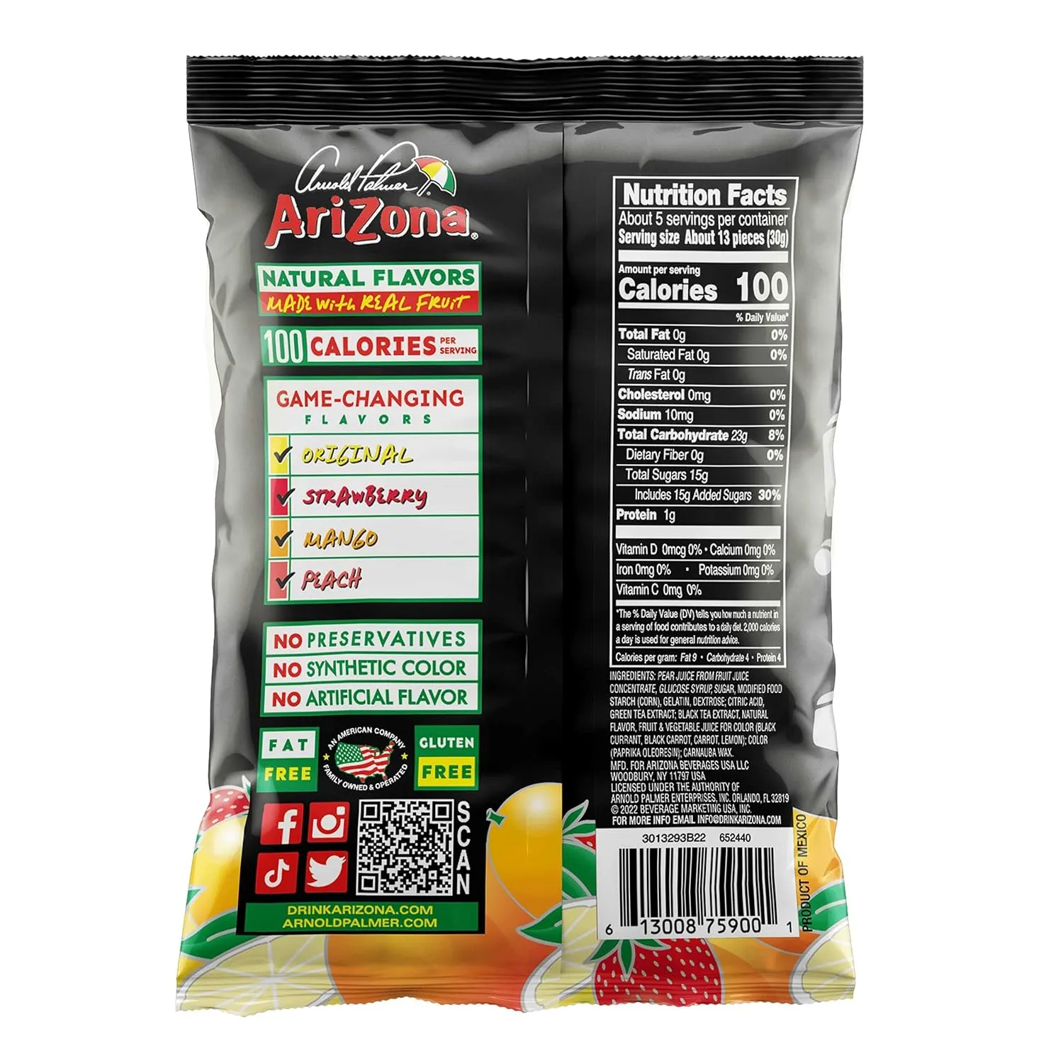 Arizona Arnold Palmer Half and Half Fruit Snacks, Gluten Free Mixed Fruit Gummy Chews, 5 Ounce Individual Single Serve Bags (Pack of 12), 60 Ounce