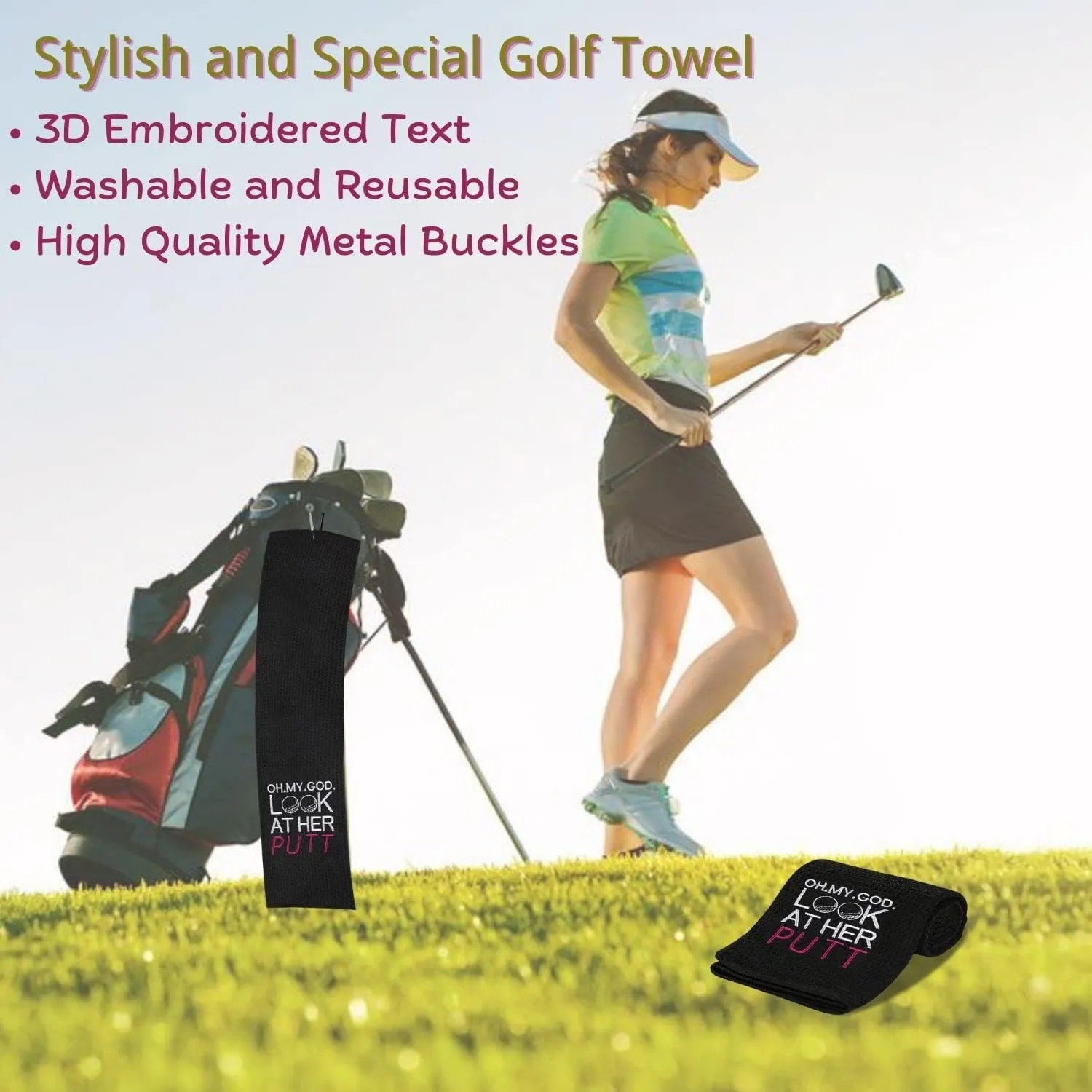 Artpreti Funny Golf Towel, Oh My God Look at Her Putt - Embroidered Golf Towels for Golf Bags with Clip, Fun Golf Accessories for Women Golf, Birthday Gifts for Golf Fan, Golf Joke