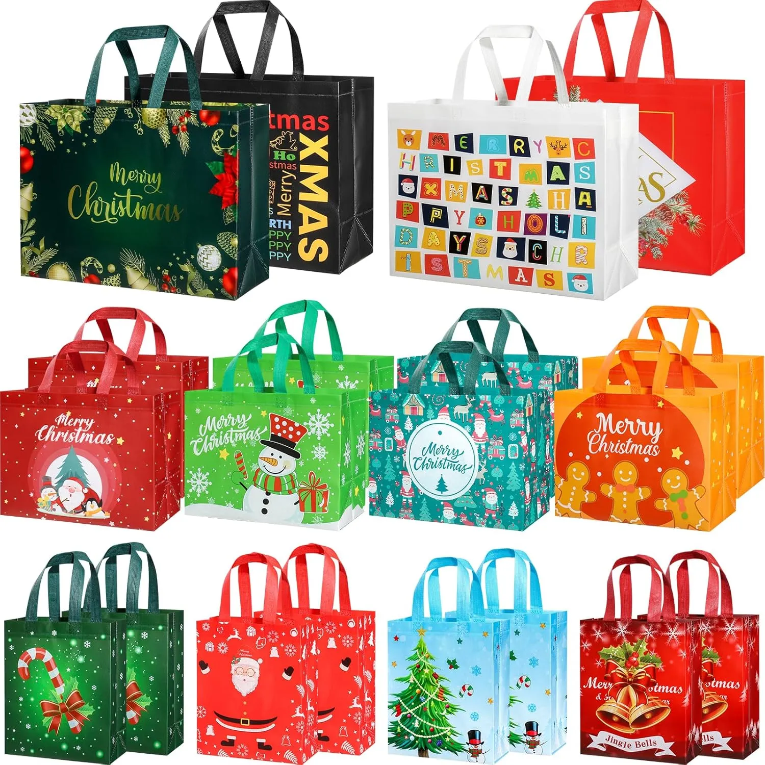 Assorted Sizes 20 Reusable Christmas Goodie Bags - Non-woven, Bulk Xmas Gift Bags with Handles - 4 Large, 8 Medium, 8 Small
