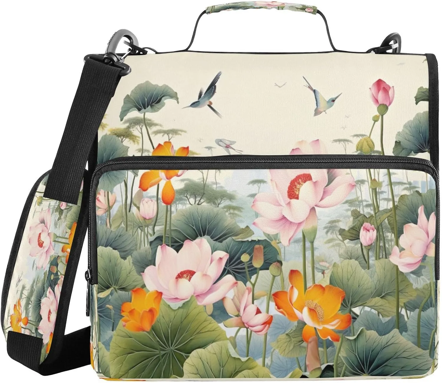ATTX Chinese Hummingbirds Florals Zipper Binder with Adjustable Padded Strap - 3 Ring 500 Sheet Capacity Binder Bag with Multi-Pocket Organizer, Fits 12 Inch Laptop#480