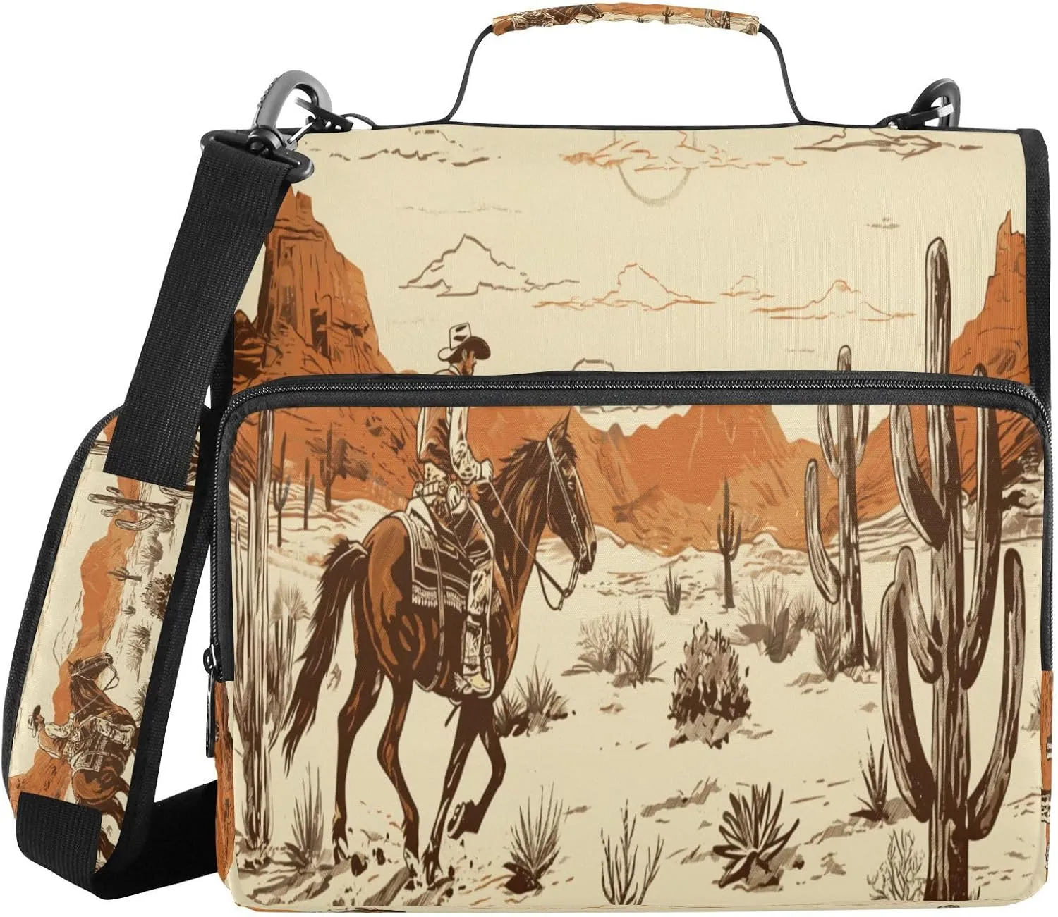 ATTX Western Desert Cowboy Zipper Binder with Adjustable Padded Strap - 3 Ring 500 Sheet Capacity Binder Bag with Multi-Pocket Organizer, Fits 12 Inch Laptop#218
