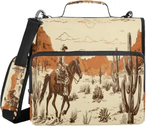 ATTX Western Desert Cowboy Zipper Binder with Adjustable Padded Strap - 3 Ring 500 Sheet Capacity Binder Bag with Multi-Pocket Organizer, Fits 12 Inch Laptop#218