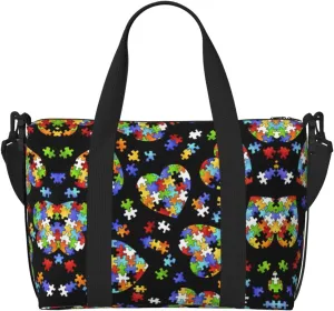 Autism Awareness Puzzle Pieces Heart Duffel Bags for Traveling - Lightweight Personal Item Travel Bags, Gym Bags for Men and Women