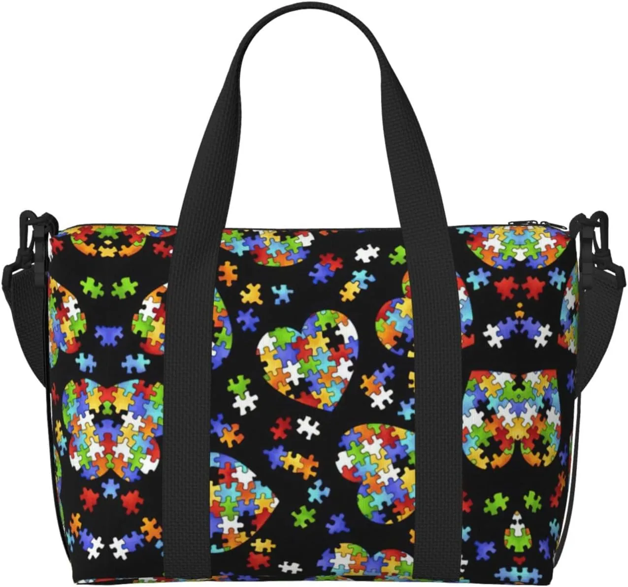 Autism Awareness Puzzle Pieces Heart Duffel Bags for Traveling - Lightweight Personal Item Travel Bags, Gym Bags for Men and Women
