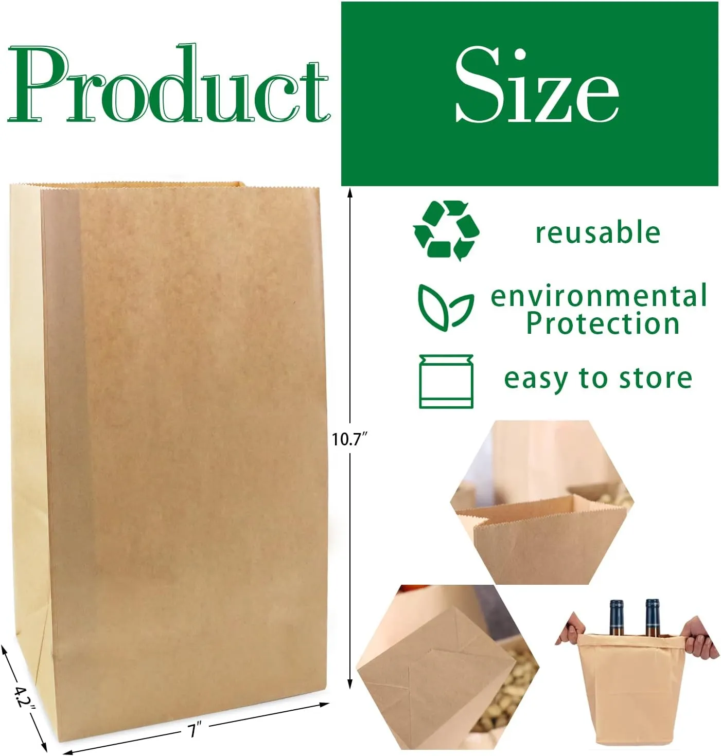 BadenBach 50 Pack 12 Lb Brown Kraft Paper Bags,7" x 4.3" x 12.5",Large Heavy Duty Paper Grocery Bags Kraft Lunch Bags Bread Sandwich Gift Wrapping Bag for Bakery Shopping Party Crafts Projects