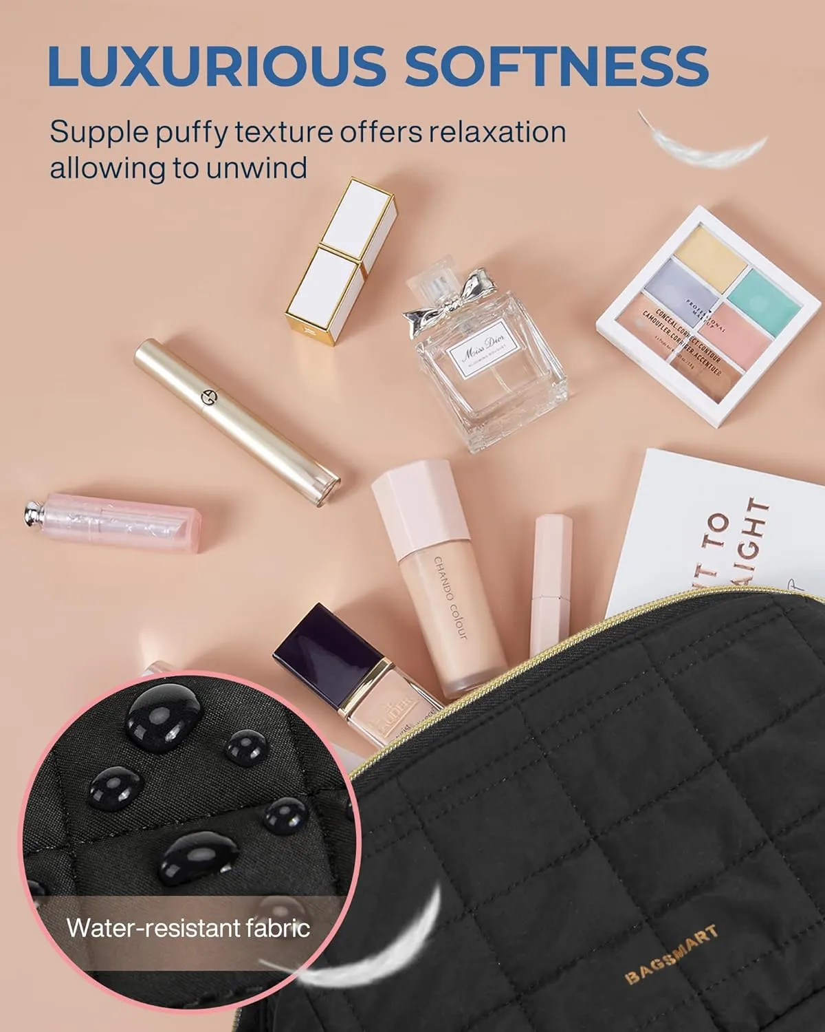 BAGSMART Makeup Bag Travel Toiletry Bag, Puffy Padded Make Up Bags for Women Makeup Organizer Case, Wide-open Pouch Purse Travel Essentials Toiletries Accessories Brushes, Black