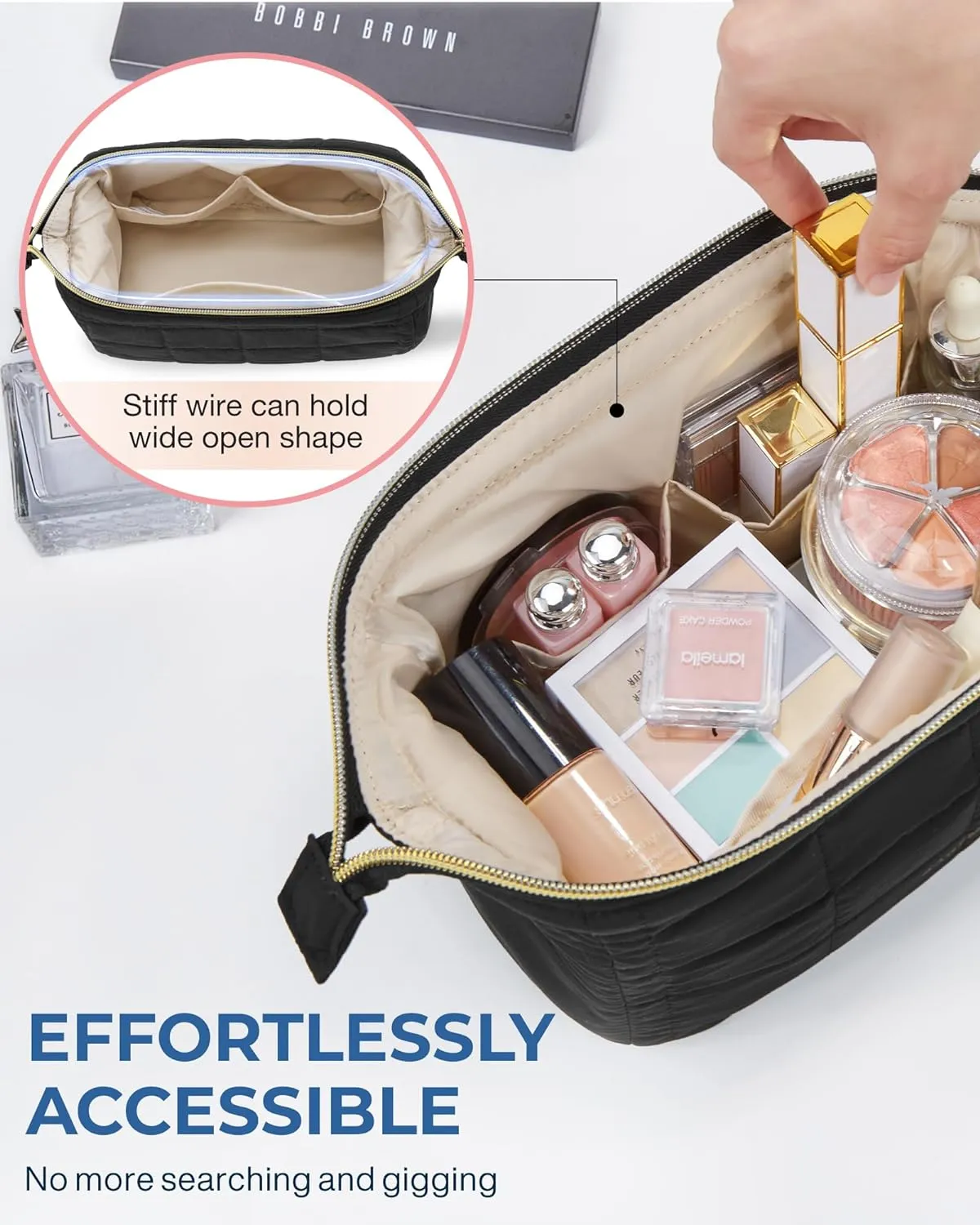 BAGSMART Makeup Bag Travel Toiletry Bag, Puffy Padded Make Up Bags for Women Makeup Organizer Case, Wide-open Pouch Purse Travel Essentials Toiletries Accessories Brushes, Black