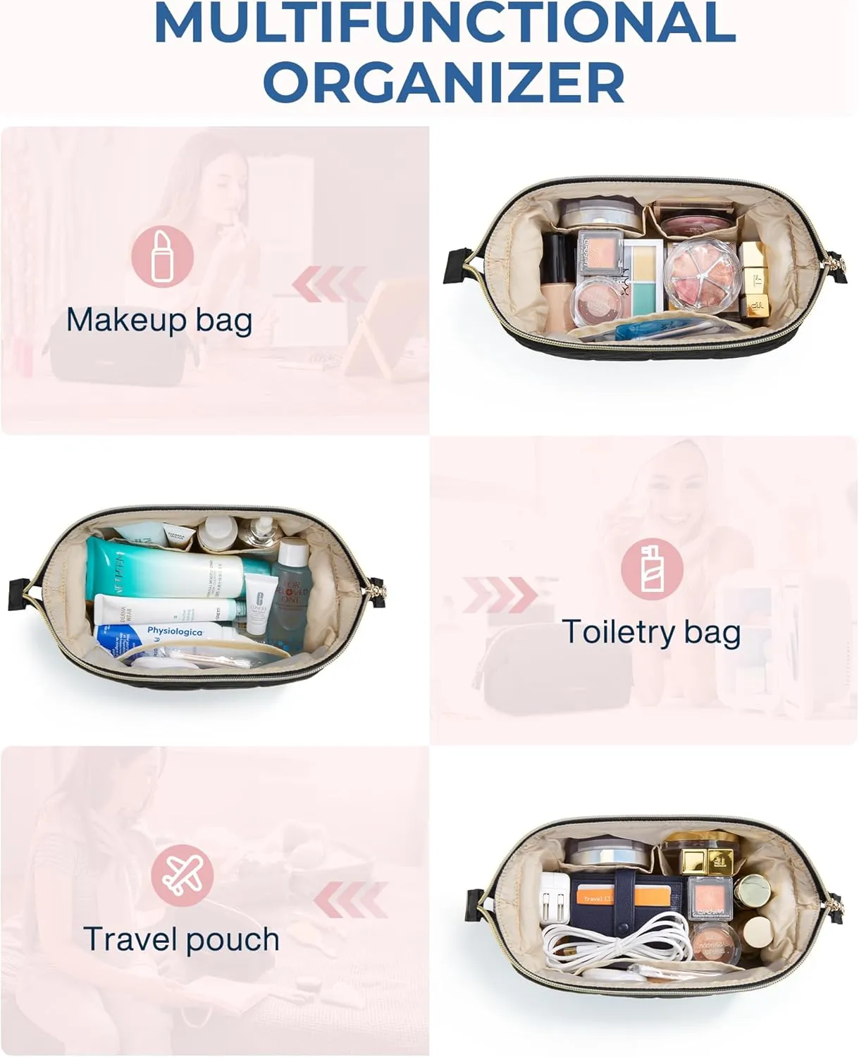 BAGSMART Makeup Bag Travel Toiletry Bag, Puffy Padded Make Up Bags for Women Makeup Organizer Case, Wide-open Pouch Purse Travel Essentials Toiletries Accessories Brushes, Black
