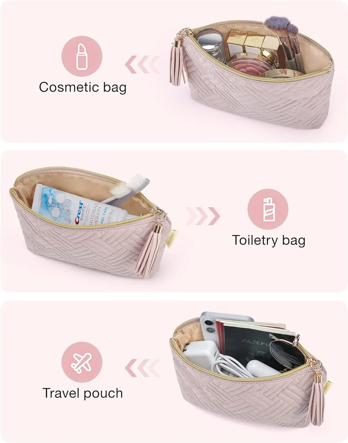 BAGSMART Small Cosmetic Bag, 2Pcs Pink Makeup Bags,Makeup Pouch for Purse,Travel Cosmetic Organizer for Makeup Brushes Lipsticks Electonic Accessories