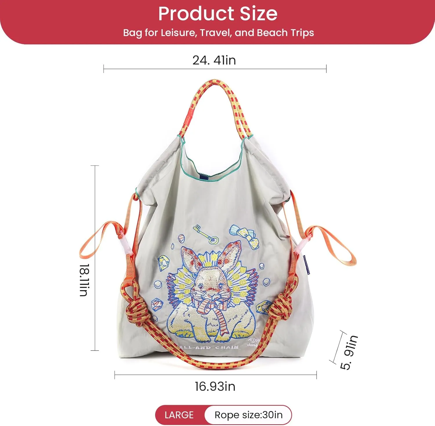 Ball&Chain Embroidery Tote Bag for Women, Foldable Tote Bag Large Shoulder Bag Top Handle Handbag for Travel, Work
