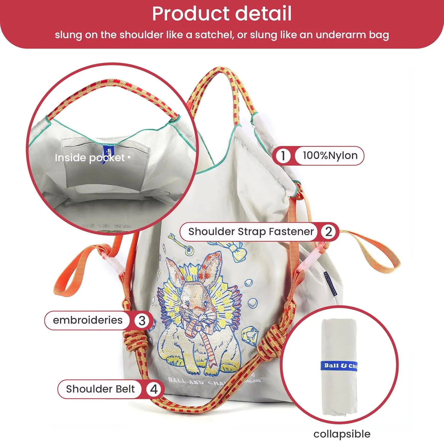 Ball&Chain Embroidery Tote Bag for Women, Foldable Tote Bag Large Shoulder Bag Top Handle Handbag for Travel, Work