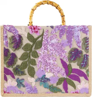 Bamboo Handle Sequin Embroidered Floral Tote Bag Evening Handbag for Wedding Party