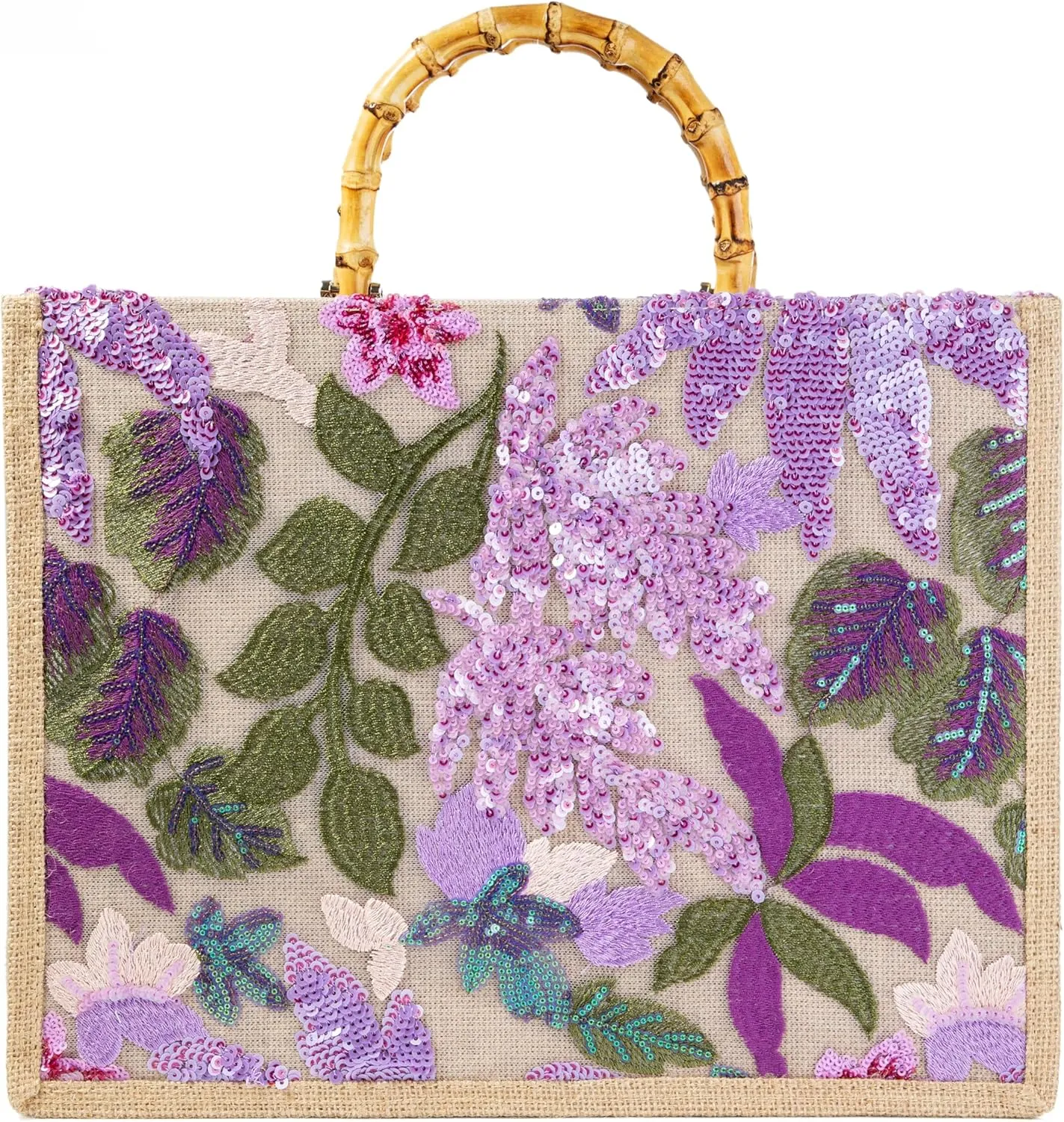 Bamboo Handle Sequin Embroidered Floral Tote Bag Evening Handbag for Wedding Party