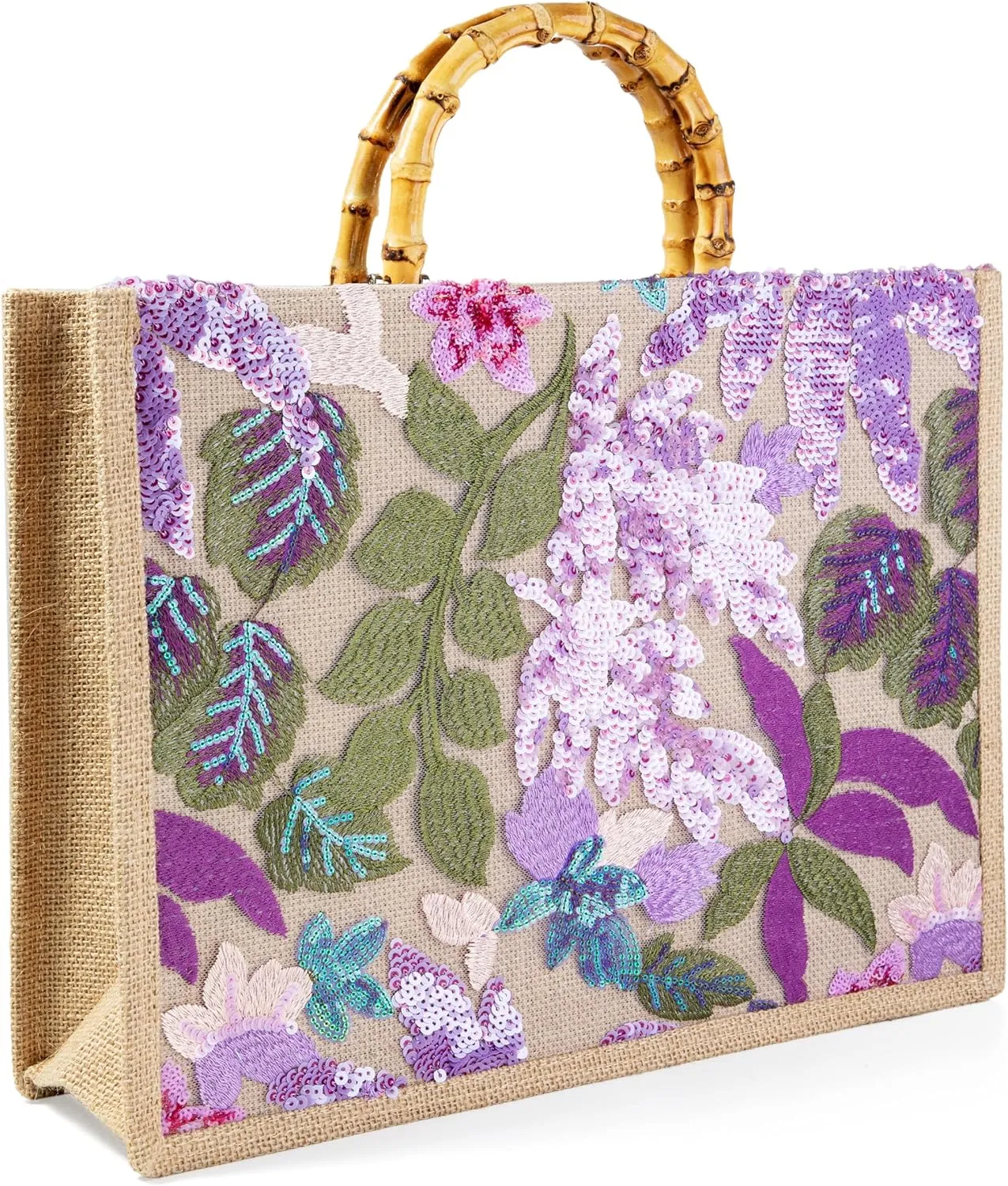 Bamboo Handle Sequin Embroidered Floral Tote Bag Evening Handbag for Wedding Party