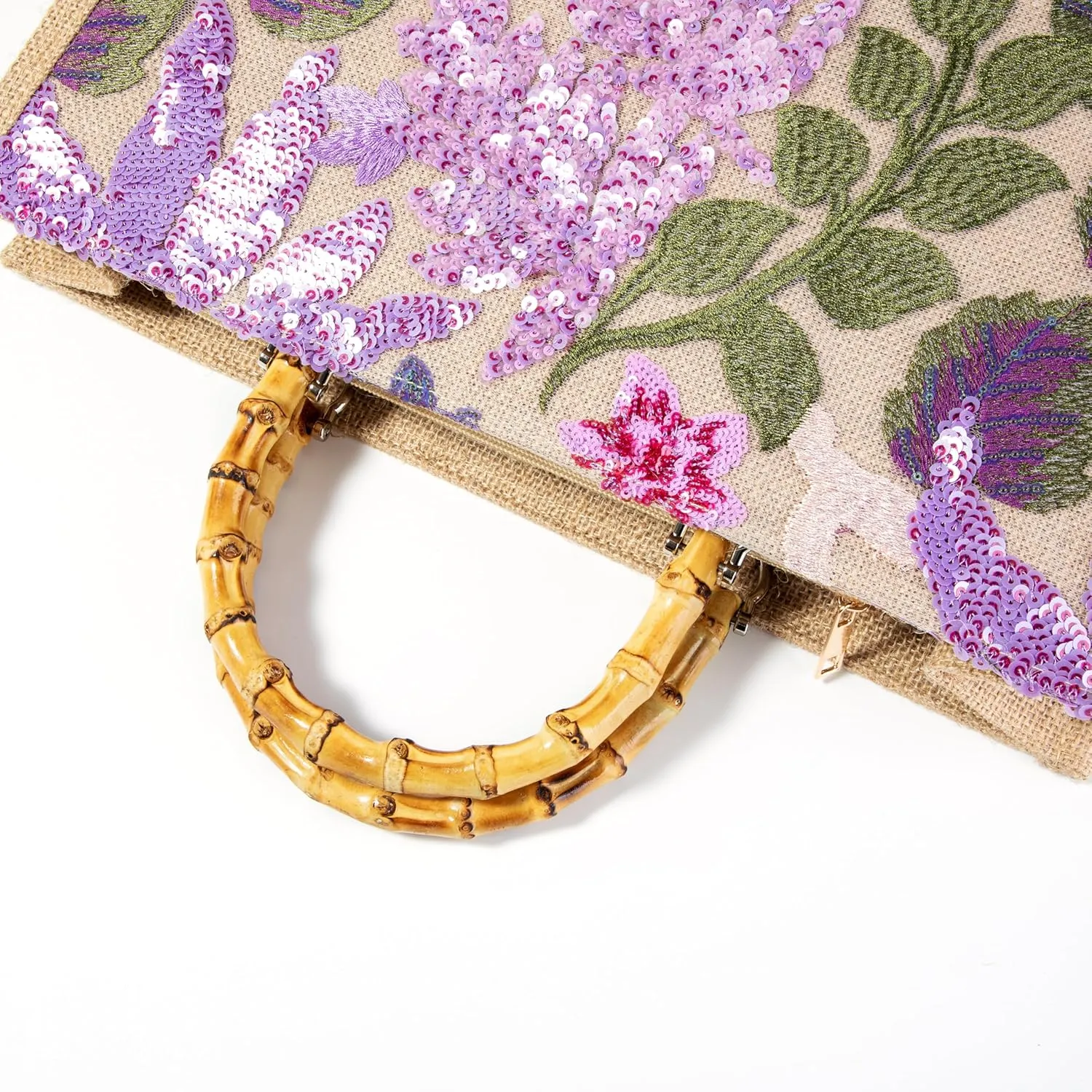 Bamboo Handle Sequin Embroidered Floral Tote Bag Evening Handbag for Wedding Party