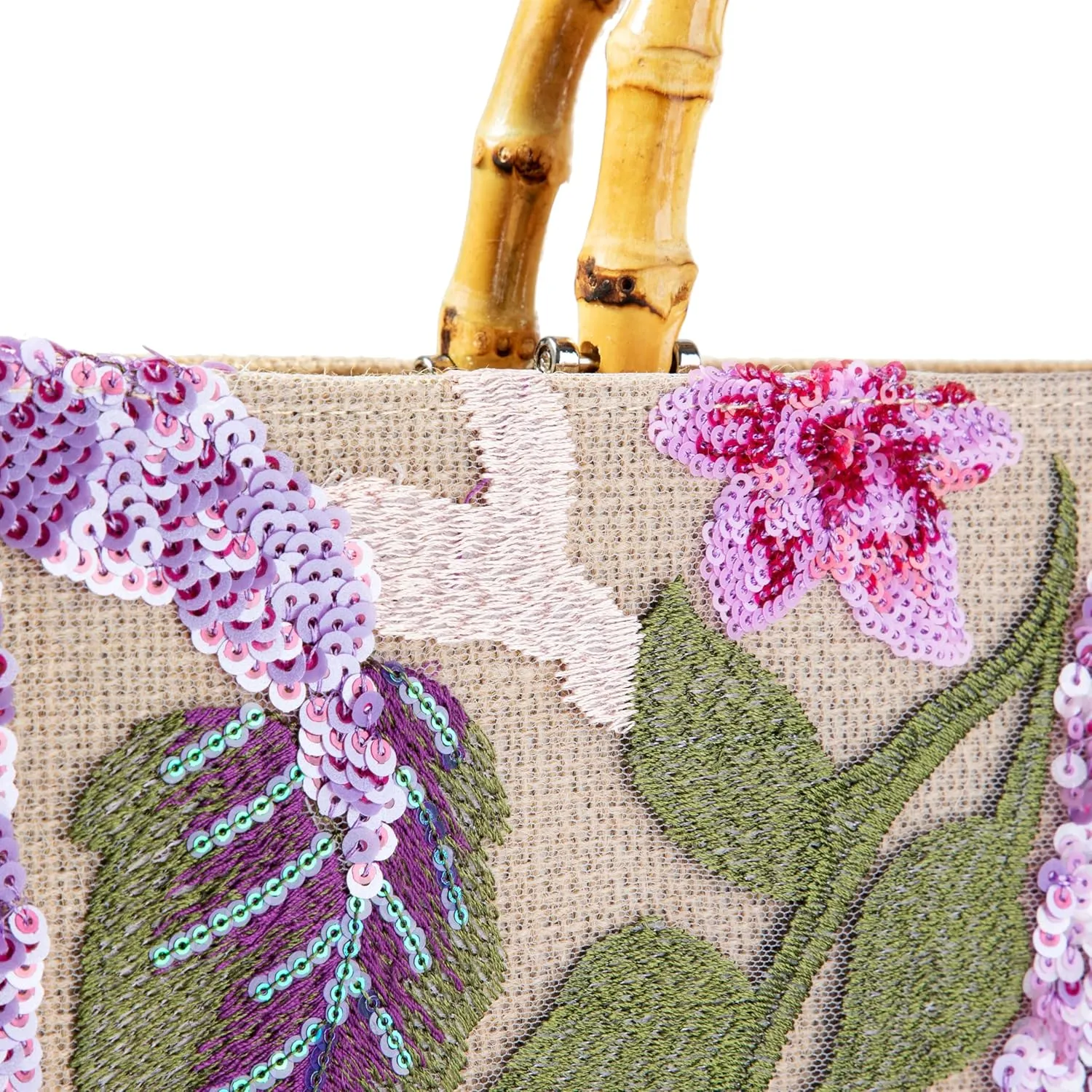 Bamboo Handle Sequin Embroidered Floral Tote Bag Evening Handbag for Wedding Party