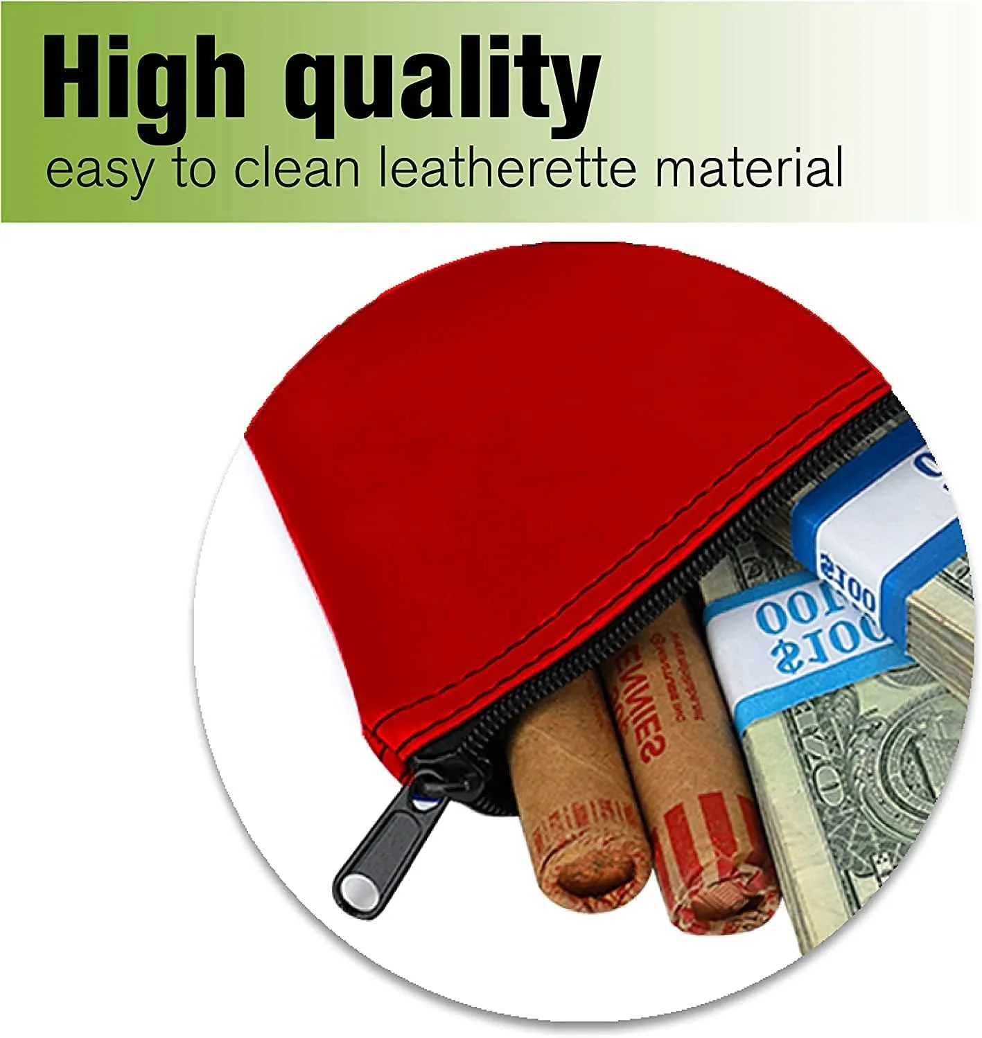 BankSupplies Reusable Deposit Bag | 11” W x 6” H | Vinyl Coating | Red | Double-Stitched Seams | Heavy-Duty Nylon Zipper | Leather-Like Textured Grain | Bank Bags with Zipper