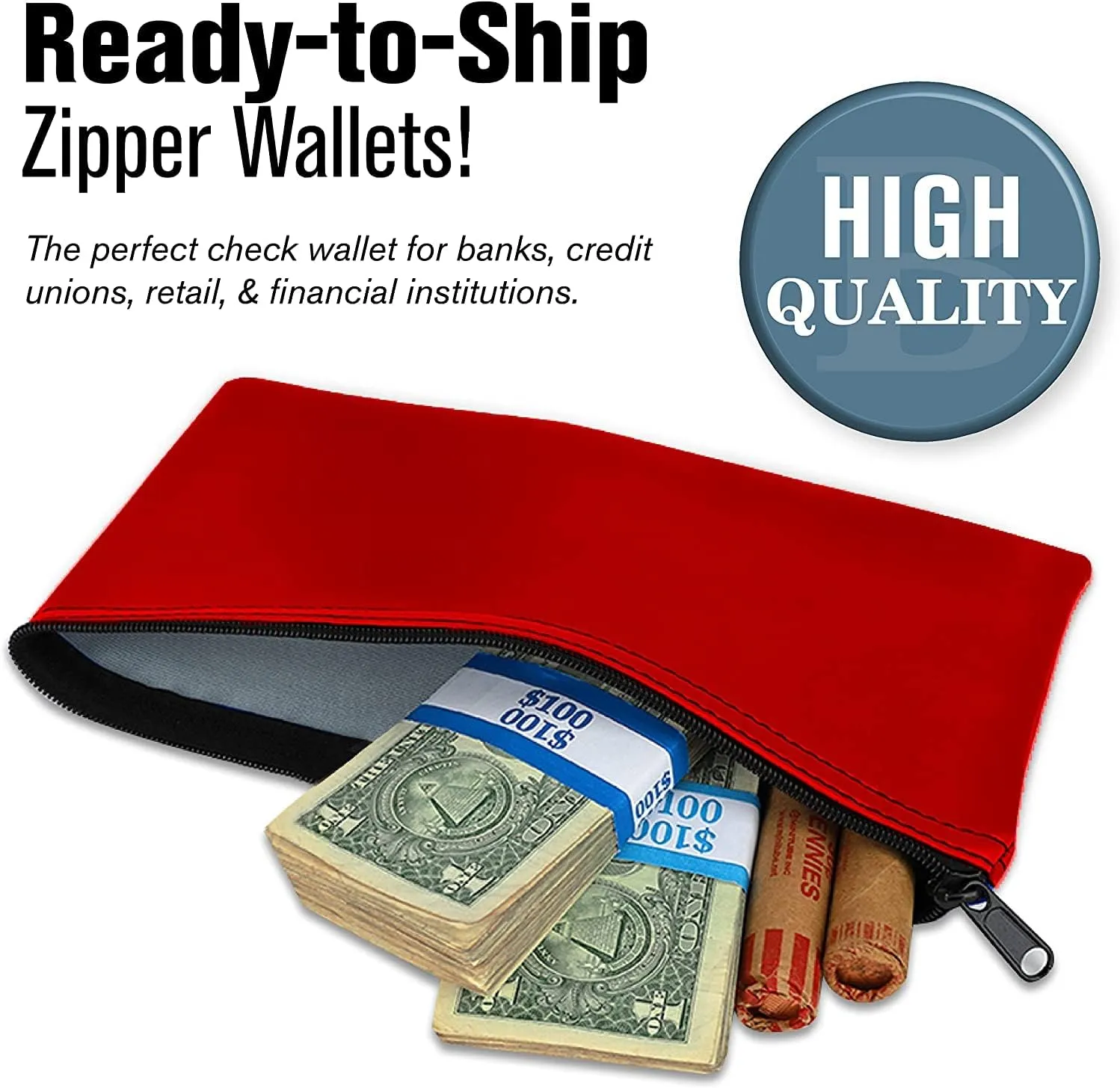 BankSupplies Reusable Deposit Bag | 11” W x 6” H | Vinyl Coating | Red | Double-Stitched Seams | Heavy-Duty Nylon Zipper | Leather-Like Textured Grain | Bank Bags with Zipper