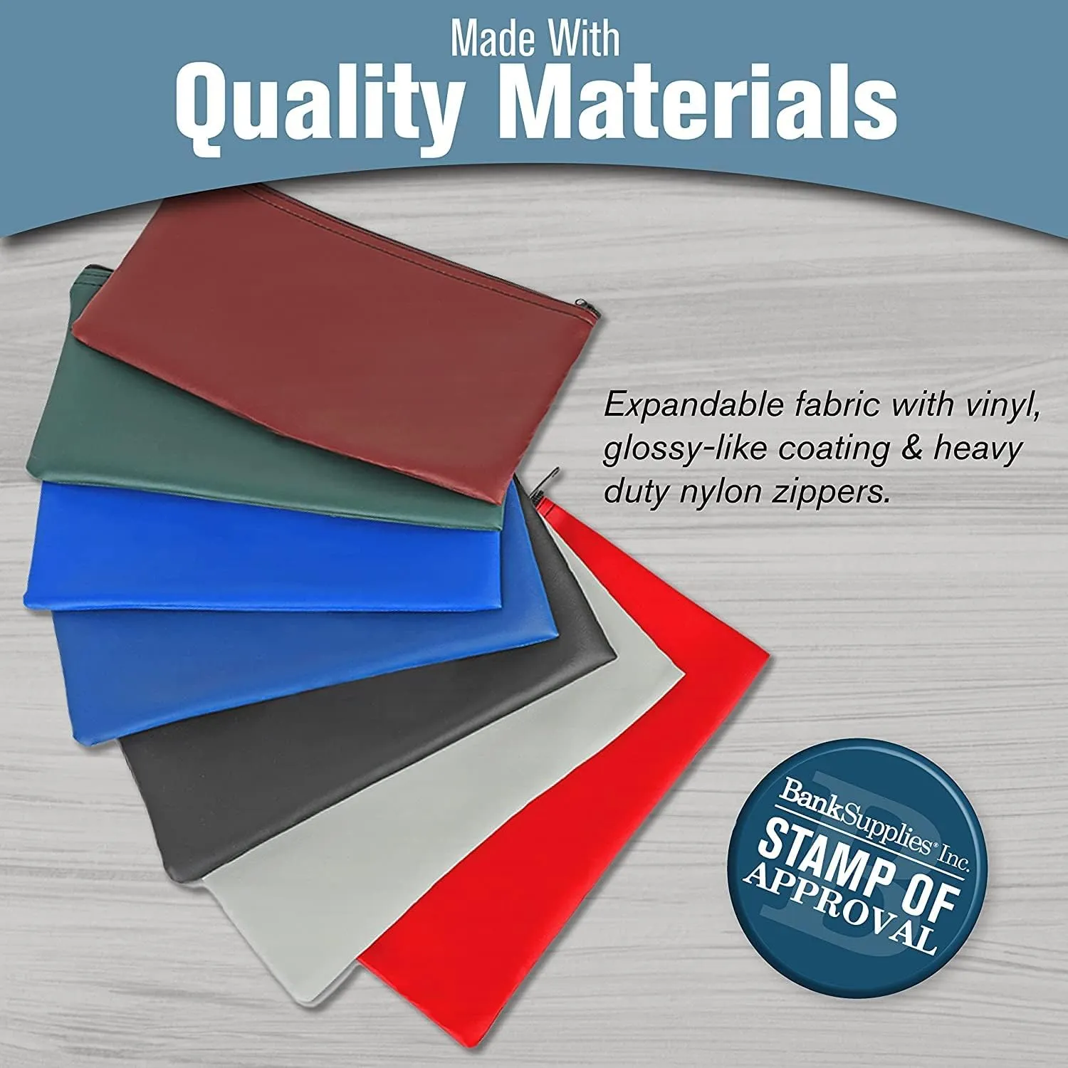 BankSupplies Reusable Deposit Bag | 11” W x 6” H | Vinyl Coating | Red | Double-Stitched Seams | Heavy-Duty Nylon Zipper | Leather-Like Textured Grain | Bank Bags with Zipper