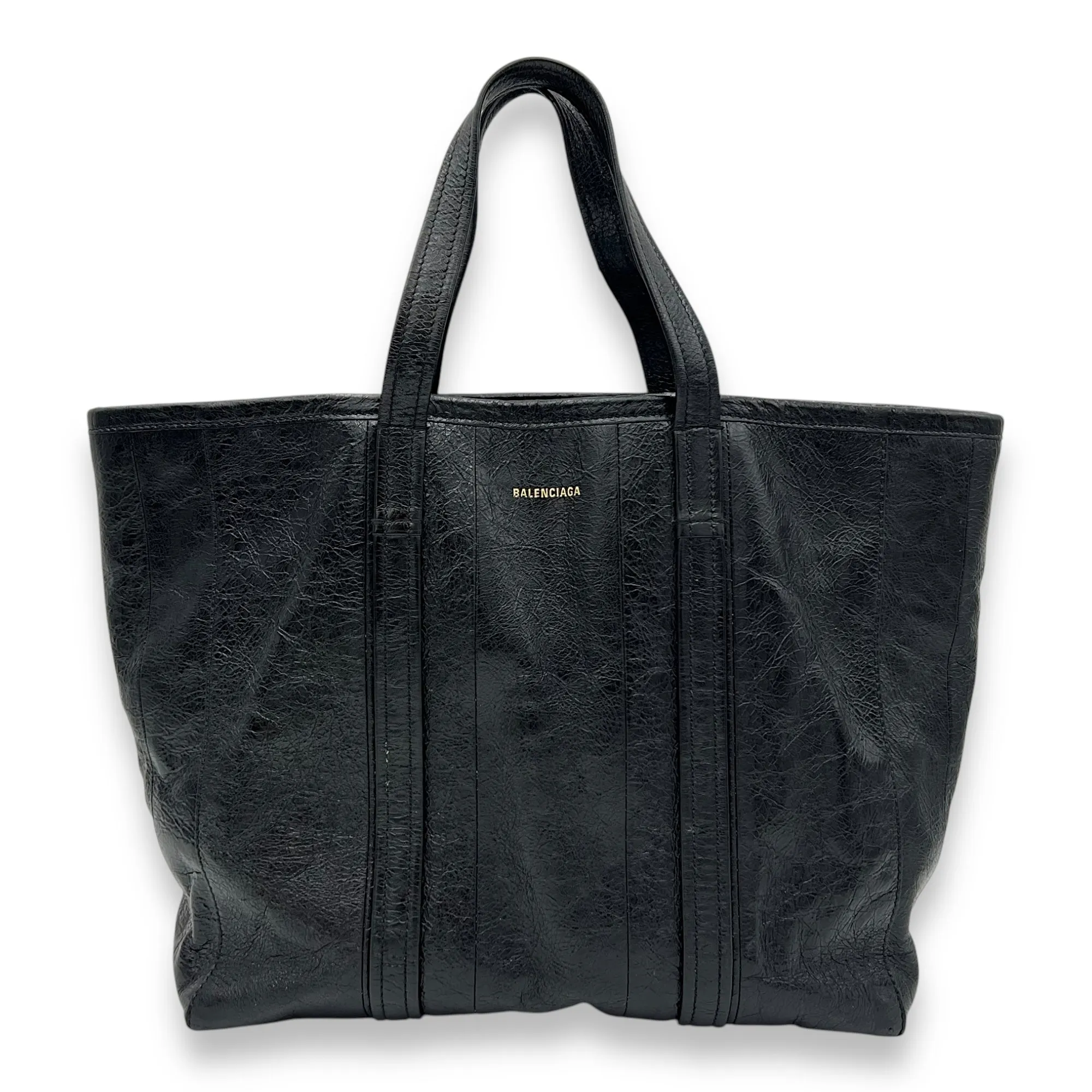 Barbes East West Black Tote Bag in Distressed Leather, Silver hardware