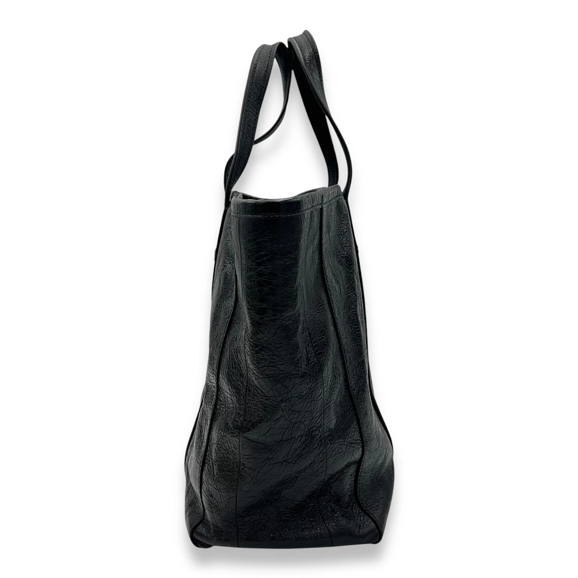 Barbes East West Black Tote Bag in Distressed Leather, Silver hardware
