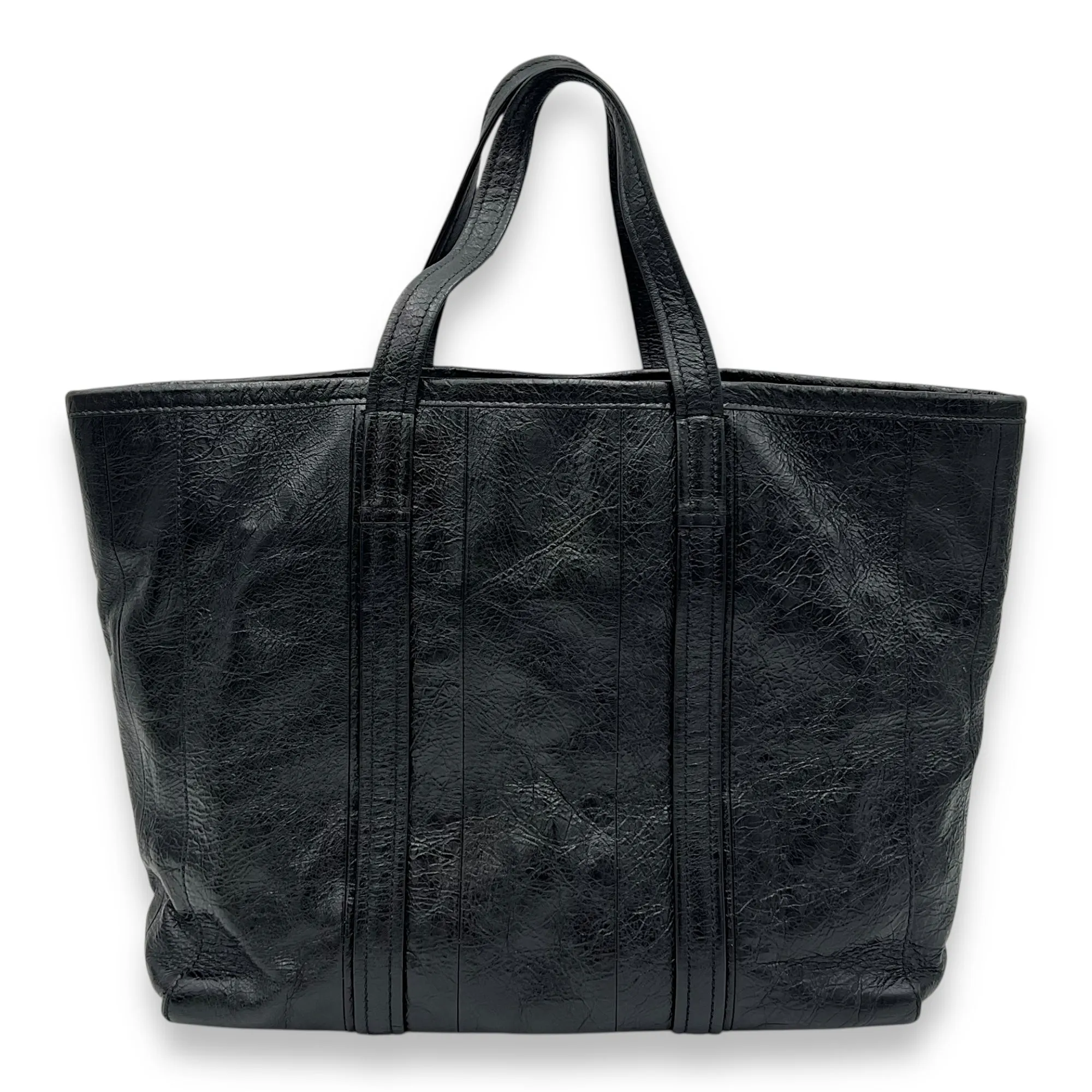 Barbes East West Black Tote Bag in Distressed Leather, Silver hardware