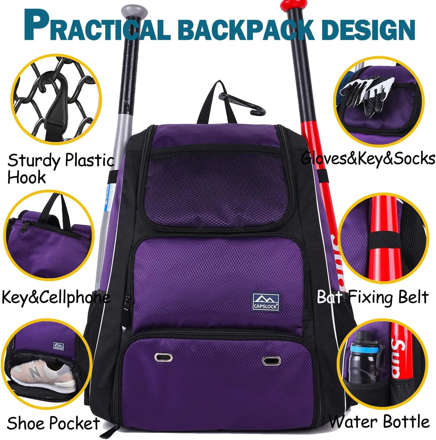 Baseball Bat Bag Backpack,T-Ball & Softball Bat Bag with Shoes Compartment for Youth and Adult, Lightweight Baseball Bag with Fence Hook Hold Bat, Batting Mitten, Helmet, Caps, Teeball Gear