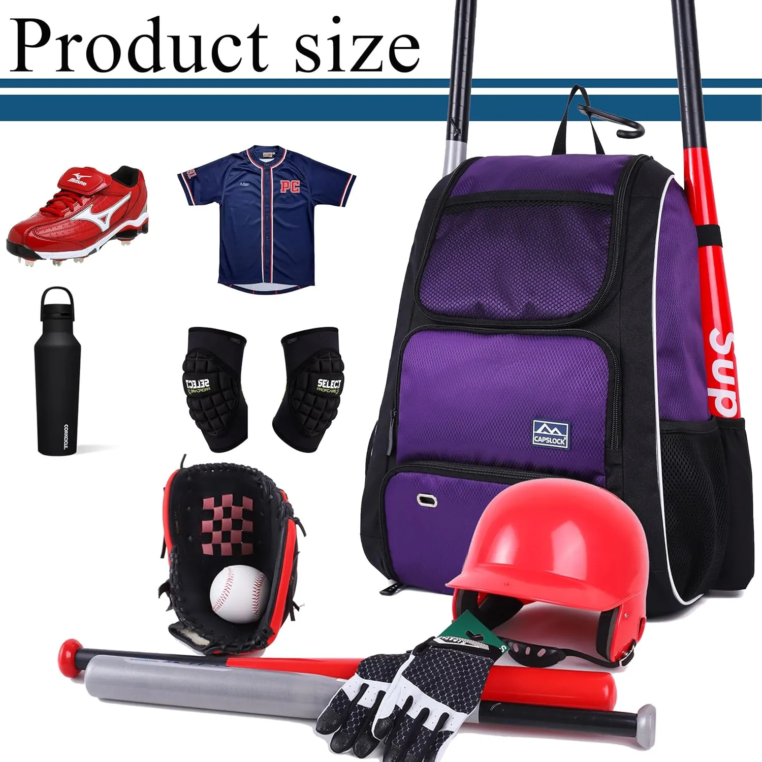 Baseball Bat Bag Backpack,T-Ball & Softball Bat Bag with Shoes Compartment for Youth and Adult, Lightweight Baseball Bag with Fence Hook Hold Bat, Batting Mitten, Helmet, Caps, Teeball Gear