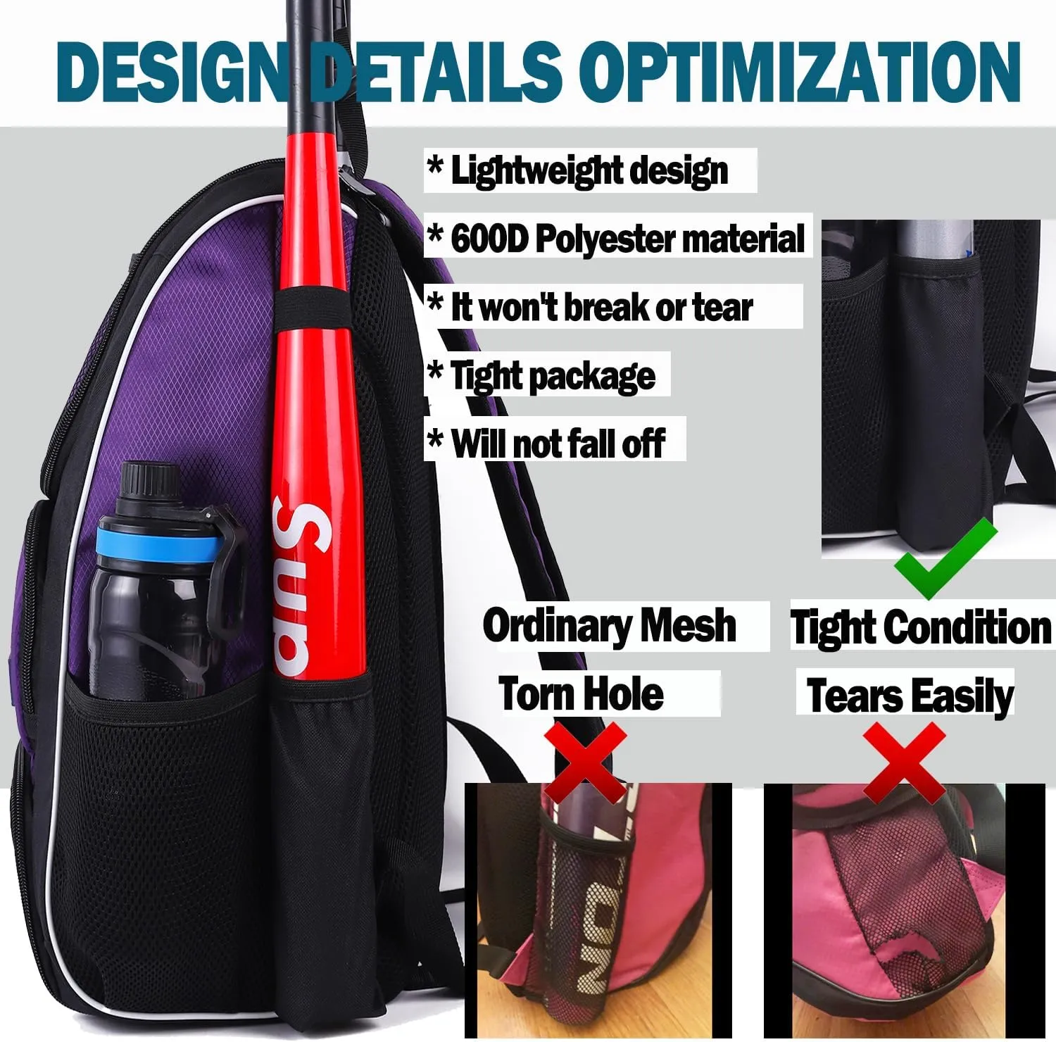 Baseball Bat Bag Backpack,T-Ball & Softball Bat Bag with Shoes Compartment for Youth and Adult, Lightweight Baseball Bag with Fence Hook Hold Bat, Batting Mitten, Helmet, Caps, Teeball Gear